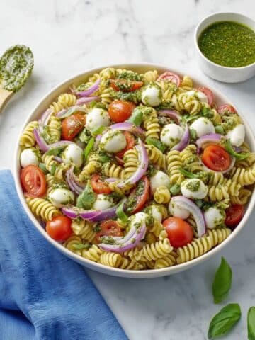 Pesto Pasta Salad with Mozzarella, Cherry Tomatoes, and Baby Spinach Recipe