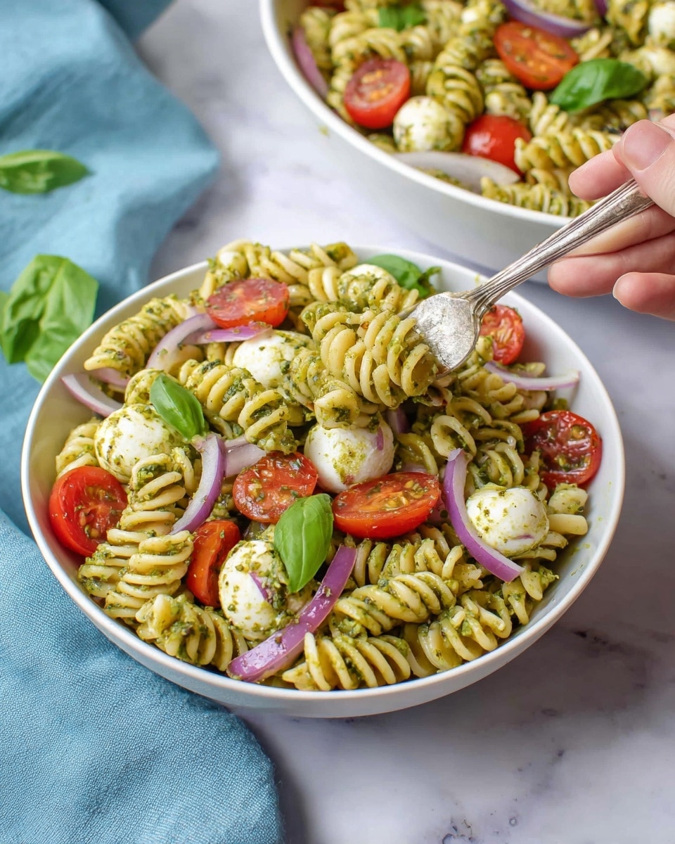 The image shows a close-up of a white bowl filled with a colorful pasta salad. The bottom layer is made of light yellow spiral pasta swirled with green pesto sauce, giving a rich texture. Scattered on top are small, white mozzarella balls coated with bits of green pesto, bright red cherry tomato halves, and thin slices of purple-red onion. Fresh green basil leaves are sprinkled throughout, adding a fresh touch. In the background, a larger white bowl holds more of the same salad, and a silver fork lifting a mix of pasta, mozzarella, tomato, and onion is visible above the smaller bowl, held by a woman's hand. The dish is set on a white marbled surface with a blue cloth nearby. Photo taken with an iphone --ar 4:5 --v 7