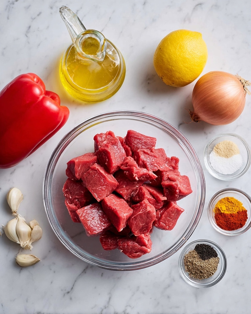 A clear glass bowl is filled with evenly cut red raw beef cubes placed in the center on a white marbled surface. To the left, there is a whole bright red bell pepper and a clear glass bottle of yellow oil with a spout. Above the bowl, there is a bright yellow lemon, two peeled garlic cloves, and a whole light brown onion placed side by side. To the right, a small clear bowl contains separate piles of colorful spices including red, black, white, and brown powders. Photo taken with an iphone --ar 4:5 --v 7
