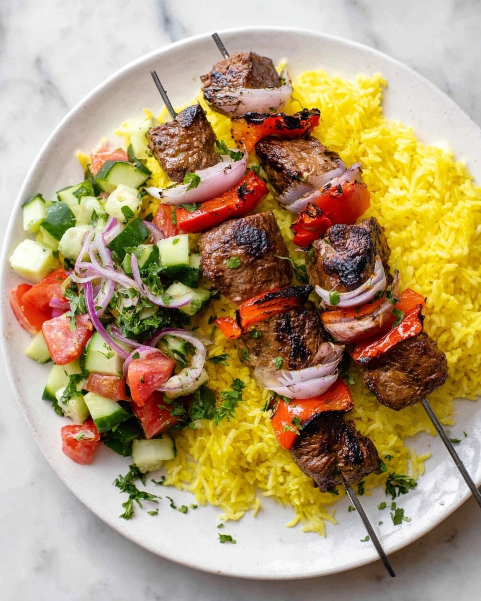 A white plate sits on a white marbled surface, filled with a base layer of fluffy yellow rice spread evenly. On top of the rice, two metal skewers are placed side by side, each holding several pieces of grilled brown meat, red bell pepper slices, and white onion pieces arranged alternately. To one side of the skewers, there is a fresh salad made of green cucumber cubes, red tomato chunks, and thin strips of purple onion mixed with chopped green herbs. Small bits of green herbs are scattered lightly over the rice. Photo taken with an iphone --ar 4:5 --v 7
