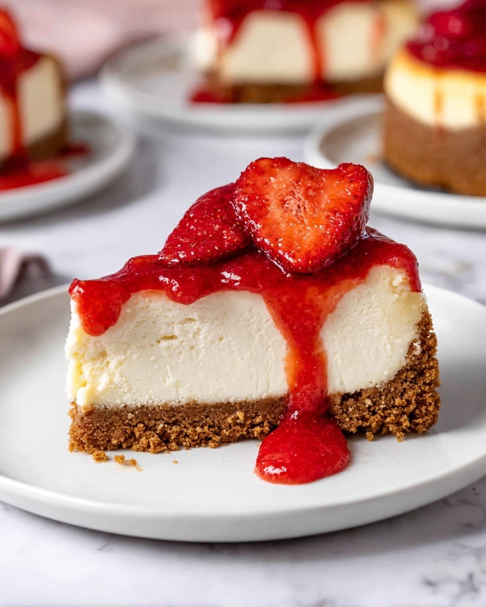 A slice of cheesecake with three layers is shown on a white plate sitting on a white marbled surface. The bottom layer is thick and brown, looking crunchy like a cookie crust. The middle layer is thick and creamy white, with a smooth texture. On top, two round red strawberries and a sliced strawberry piece are covered in shiny red strawberry sauce that drips down the sides of the cheesecake. In the background, there is a blurry view of more cheesecake slices on white plates. Photo taken with an iphone --ar 4:5 --v 7