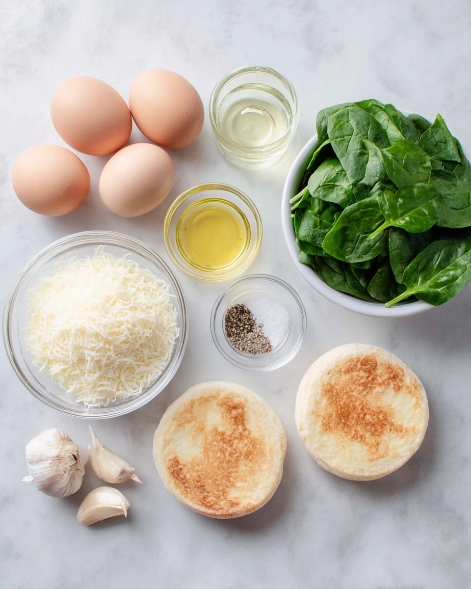 The image shows ingredients arranged on a white marbled surface: four light brown eggs clustered on the left, a small clear glass bowl filled with grated white cheese in the center, a small clear glass container of light yellow oil above it, and two peeled garlic cloves beside the oil. To the right, there is a white bowl full of fresh green spinach leaves. Below the spinach, two round, lightly toasted English muffins with a golden brown top are placed side by side. Two small clear bowls containing white salt and black pepper, and a clear liquid sit near the eggs and cheese. photo taken with an iphone --ar 4:5 --v 7