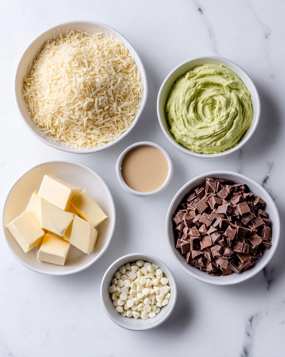 The image shows six white bowls and dishes placed on a white marbled surface, each filled with different ingredients. The largest bowl, positioned on the left, is filled with thin, light beige shredded pastry. To its right, a medium bowl holds small, evenly chopped pieces of milk chocolate, dark brown in color. Above the chocolate bowl, a medium bowl contains a creamy, green mixture with a smooth, swirled texture. A small dish in the center holds several pale yellow blocks of butter. Below the butter, a small bowl contains a light tan liquid, smooth in texture. Finally, a small bowl near the bottom left carries shiny, small white chocolate chips. All items are evenly spaced, creating a neat and organized display photo taken with an iphone --ar 4:5 --v 7