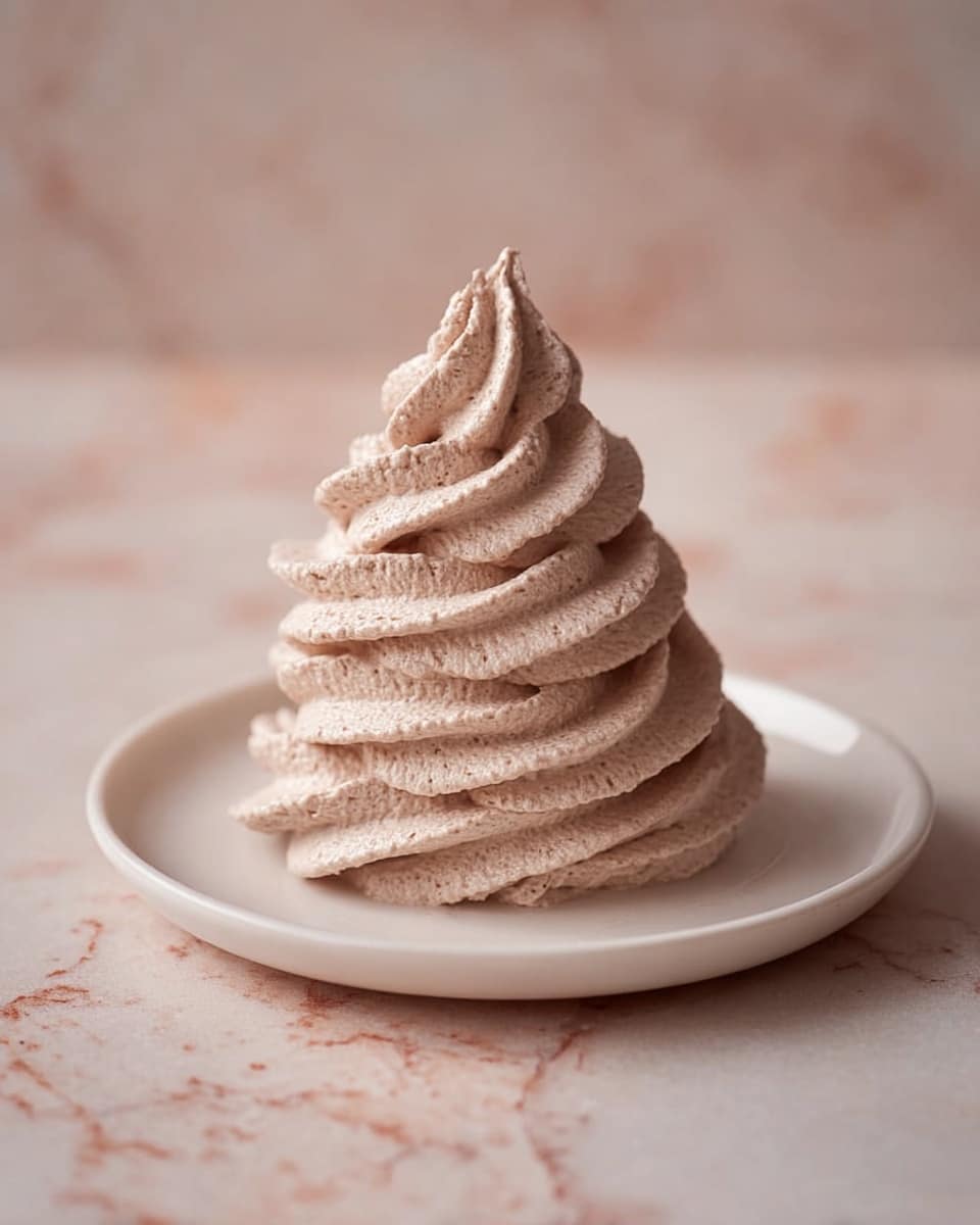 The image shows a single swirl of light brown whipped cream or mousse with a smooth and slightly fluffy texture, piped high in a spiral shape on a simple white plate. The swirl has many soft ridges and waves, standing alone against a white marbled surface with faint specks of light brown powder scattered around. The overall look is clean and minimal with focus on the creamy swirl's detailed texture and gentle color. photo taken with an iphone --ar 4:5 --v 7