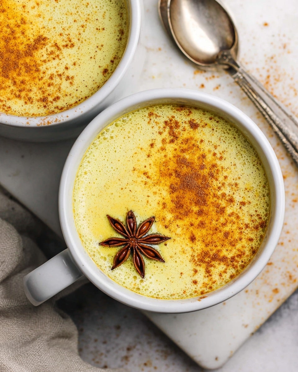 Two white ceramic mugs filled with frothy, light yellow turmeric latte topped with a light sprinkle of orange-brown cinnamon powder on one side and a single star anise floating near the center, both mugs resting on a white marbled surface with part of a silver spoon and a bit of cloth visible near the bottom. Photo taken with an iphone --ar 4:5 --v 7