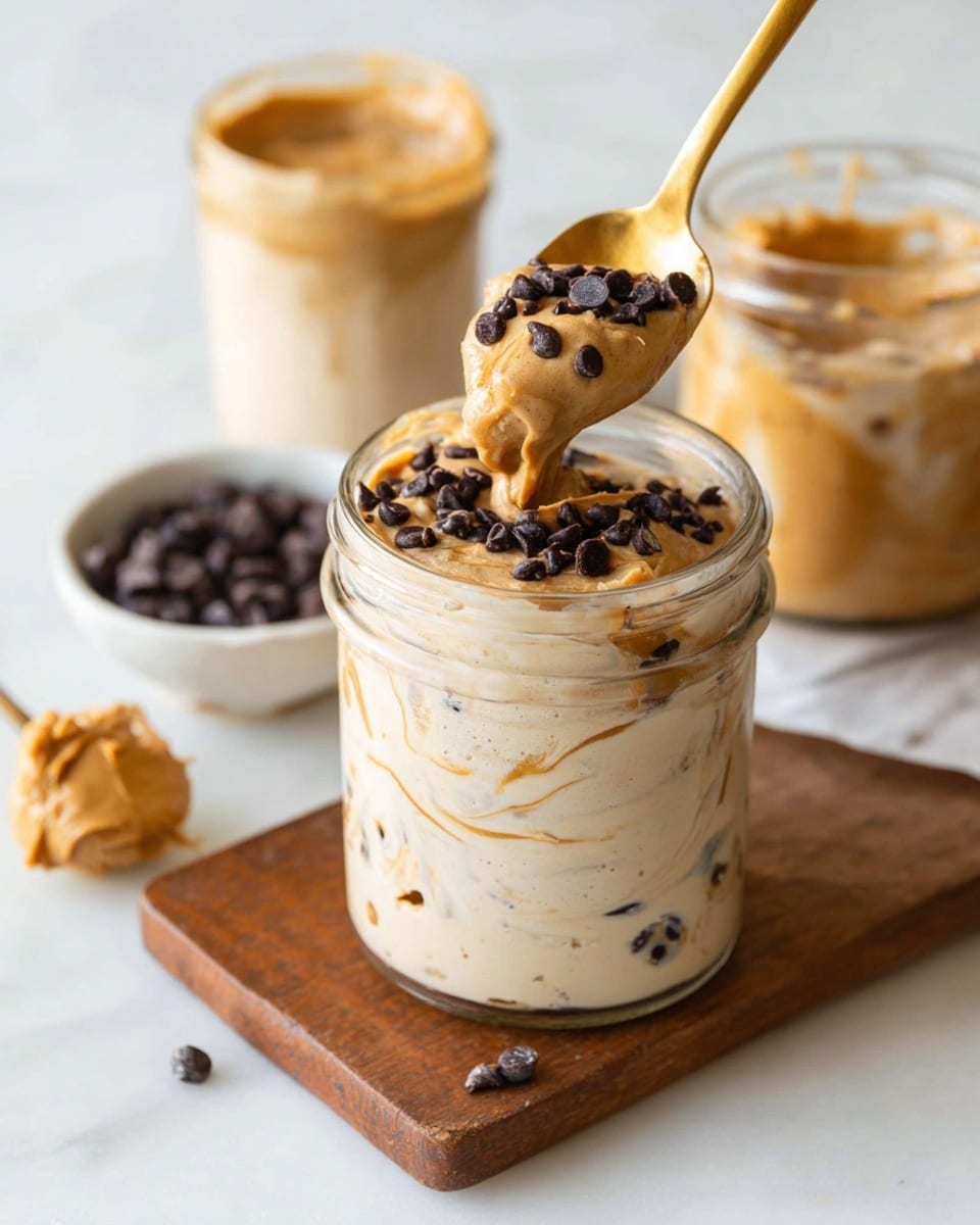 A clear glass jar filled with a creamy, light beige mixture showing swirls of smooth peanut butter creating a marbled effect inside. On top, there are dark chocolate chips scattered over a thick, fluffy layer of the mixture, some melting slightly into the peanut butter swirls. A gold spoon is scooping a big dollop from the jar, lifting it slightly above the rim. In the background, two similar jars with the same creamy mix are visible, and a small white bowl filled with dark chocolate chips sits nearby. The scene is set on a white marbled surface with a wooden board underneath the main jar, and a small blob of peanut butter beside it. Photo taken with an iphone --ar 4:5 --v 7