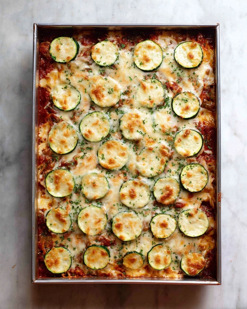 A rectangular metal baking pan filled with a baked dish featuring evenly spaced round slices of green zucchini topped with melted, lightly browned cheese covering a rich red tomato sauce and other ingredients underneath, all resting on a white marbled surface. photo taken with an iphone --ar 4:5 --v 7