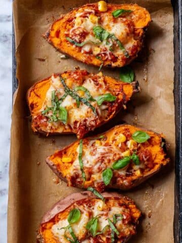 Healthy Chicken Parm Stuffed Sweet Potatoes Recipe