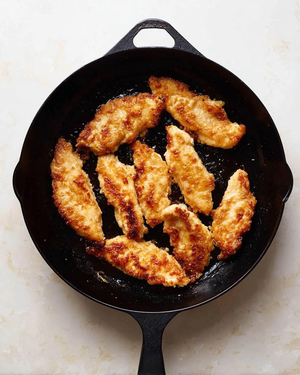Inside a black cast iron pan, there are eight pieces of golden brown cooked chicken strips, arranged loosely with some space between them. Each piece shows a lightly crispy surface with uneven browning, giving a textured look of cooked meat. The pan has a short handle with a small opening at the end. The whole pan is sitting on a white marbled surface. Photo taken with an iphone --ar 4:5 --v 7