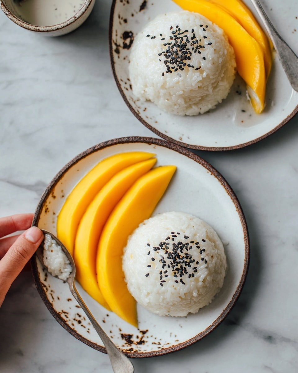 The image shows two servings of a dessert on white plates, each with a round mound of sticky white rice topped with black sesame seeds in the center. To the side of each rice mound, there are several thin slices of bright yellow mango arranged in a neat row. One plate has some dark brown speckles around its rim and a metal spoon resting beside the mango slices. The background is a white marbled surface, and a woman's hand is gently touching one of the mango slices. Photo taken with an iphone --ar 4:5 --v 7