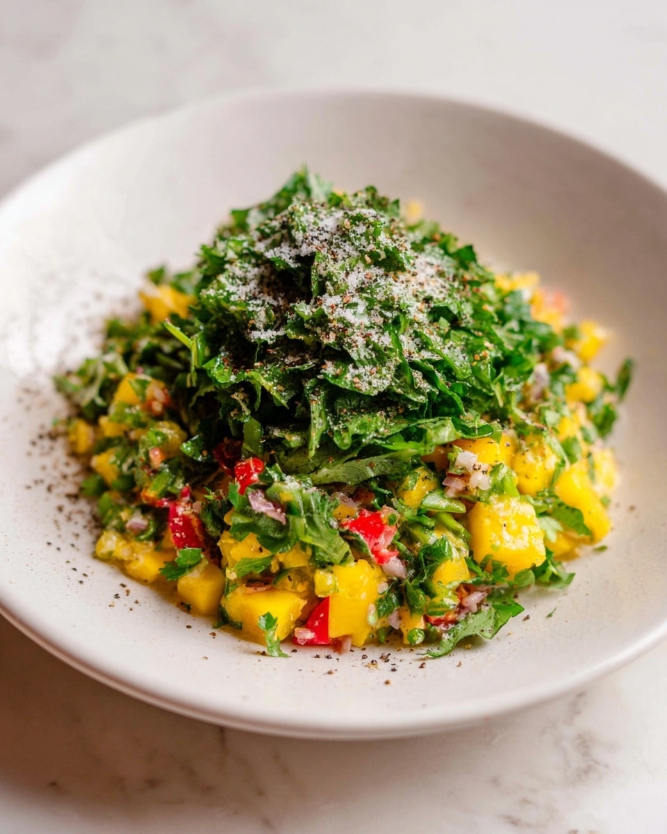 A round white plate holds a bright and colorful salad arranged in three visible layers. The bottom layer consists of chopped yellow cubes with a shiny texture, mixed with small pieces of red and green vegetables. The middle layer is a generous pile of finely chopped green herbs and leafy greens, which cover most of the yellow base. On top of the greens, there is a dusting of coarse salt and specks of black pepper, adding texture and contrast to the fresh ingredients. The plate rests on a white marbled surface. Photo taken with an iphone --ar 4:5 --v 7