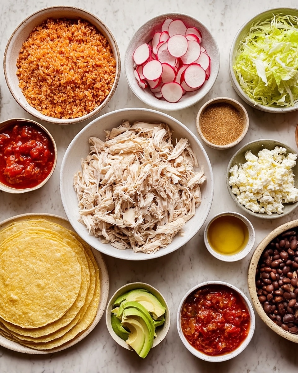 The image shows many small white bowls arranged on a white marbled surface, each holding different food ingredients. In the middle is a large bowl filled with shredded light-colored cooked chicken. To its left is a big white bowl full of orange-red Mexican rice, and below it, a white plate stacked with round, flat, golden-yellow crispy tortillas. Surrounding the chicken bowl are smaller bowls containing red salsa with chunky tomatoes, crumbled white cheese, chopped white onion, minced garlic, golden olive oil, dark red sauce, pinkish sliced radishes, green sliced avocado, dark brown refried beans, pale green shredded cabbage, salt, and taco seasoning powder. The bowls and plates vary in size and texture, with some smooth and others with rough edges, making a colorful and textured display of fresh ingredients photo taken with an iphone --ar 4:5 --v 7