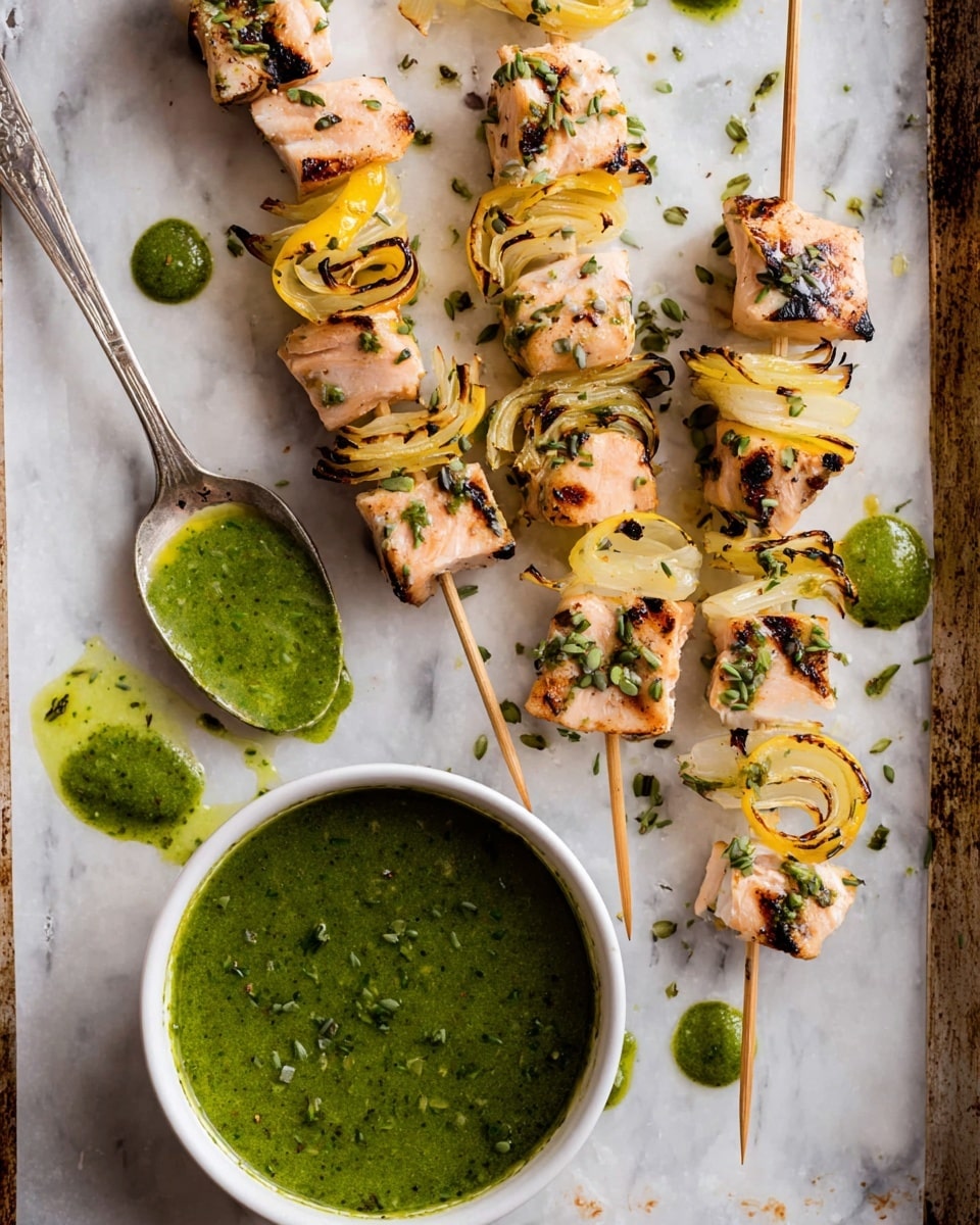 The image shows several skewers with grilled salmon pieces and twisted yellow lemon slices stacked alternately. The salmon is pink with grill marks and sprinkled with small bits of black and red herbs. Each skewer lies on a white marbled surface with small splashes of thick green sauce around them. To the right, there is a white bowl full of vibrant green sauce that has a slightly rough texture and a bit of shine on top. The arrangement is bright and fresh, focusing on the warm colors of the grilled salmon and lemon, contrasted by the green sauce and white background. Photo taken with an iphone --ar 4:5 --v 7
