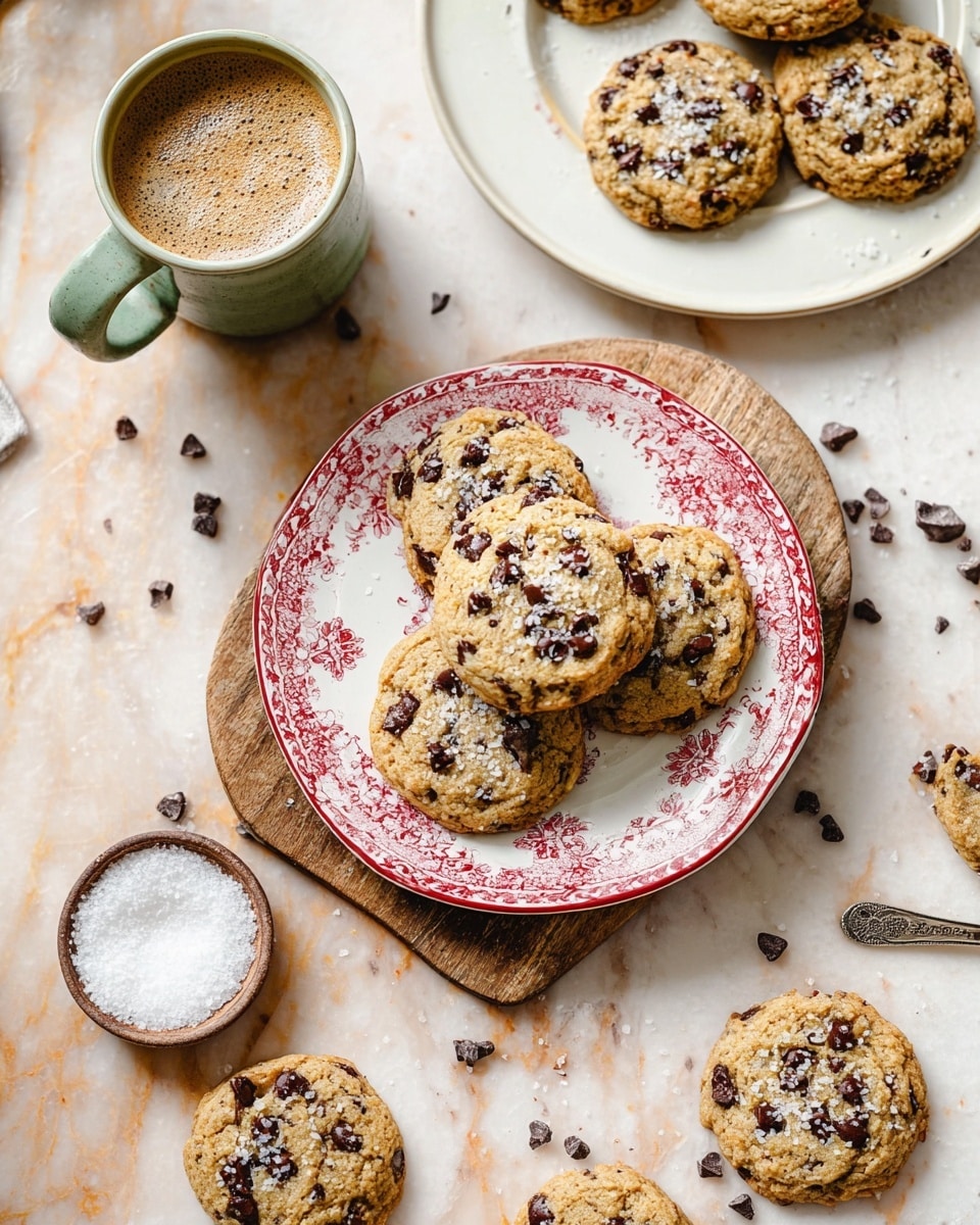 The image shows two white plates with chocolate chip cookies on a wooden board placed on a white marbled surface. The bottom plate has a red floral pattern and holds seven cookies stacked in two layers, with one cookie slightly separated. The top plate is plain white and holds five cookies arranged loosely, with a small bowl containing powdered sugar next to the cookies. Chocolate chips and sea salt crystals are sprinkled over the cookies and scattered around the plates on the white marbled surface. On the left side of the image, there is a greenish ceramic mug filled with coffee with a frothy top. The overall setting has a light and inviting feel. Photo taken with an iphone --ar 4:5 --v 7