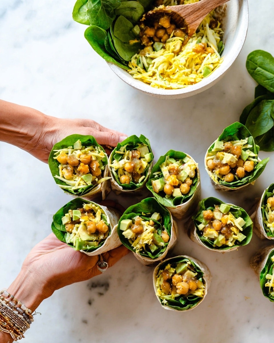 The image shows eight small wraps held by two woman's hands and placed on a white marbled surface. Each wrap is open at the top, showing three clear layers: a base layer of fresh bright green spinach leaves, a middle layer of light yellow shredded vegetables mixed with diced celery and avocado, and a top layer of golden chickpeas with some sauce drizzled over them. In the upper part of the image, there is a white bowl with a wooden spoon inside, filled with more of the yellow shredded veggie and chickpea mix, along with some spinach leaves. The woman's hands wear bracelets, and the overall look is fresh and colorful. Photo taken with an iphone --ar 4:5 --v 7
