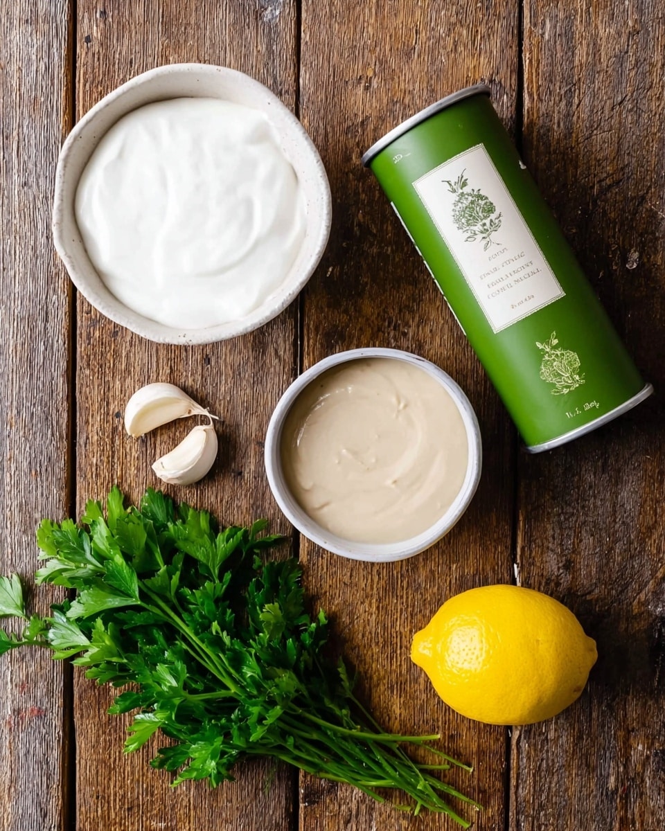 A top-down view of a rustic wooden table holding various cooking items: one white bowl with thick white yogurt placed at the top center, below it a smaller white bowl containing creamy tahini with a smooth texture and light beige color; to the right a tall green can with a white label and a small green plant illustration near the bottom; to the left a whole lemon and two garlic cloves; at the bottom left corner, fresh green parsley leaves create a vibrant contrast. The background has a wooden textured surface replaced by a white marbled texture as per instruction. photo taken with an iphone --ar 4:5 --v 7