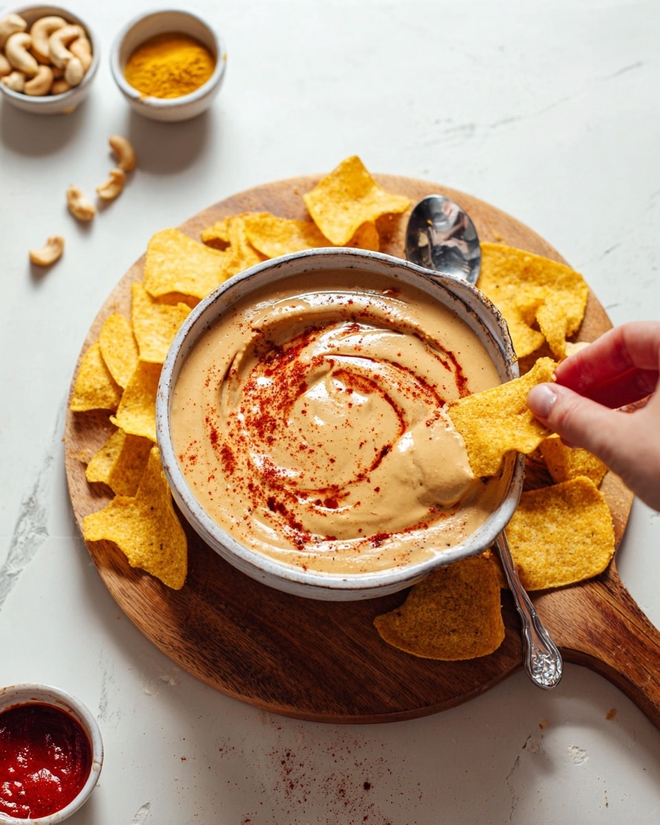 A bowl filled with thick, creamy, light brown dip topped with red spice swirl, surrounded by uneven yellow corn chips on a round wooden board placed on a white marbled surface. A woman’s hand is holding a chip dipping into the dip, and the bowl has a silver spoon resting inside it. On the wooden board, small bowls contain red paste and yellow powder next to scattered cashew nuts. Photo taken with an iphone --ar 4:5 --v 7