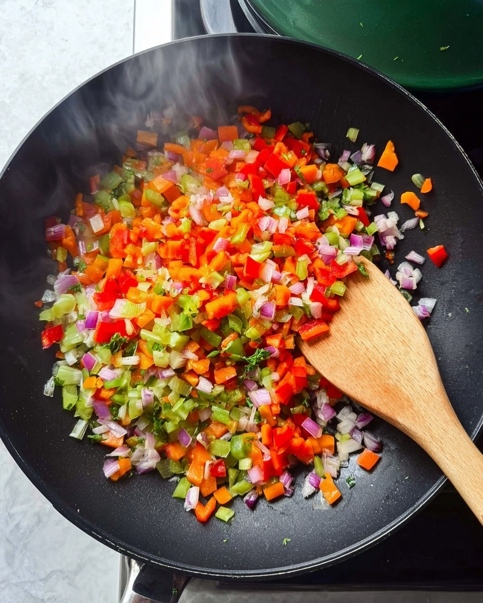 The image shows a black pan filled with small chopped vegetables being cooked. The vegetables include red bell peppers, orange carrots, green celery, and bits of purple and white onion, all mixed together in a colorful, fresh-looking layer. A wooden spatula is resting inside the pan on the right side, stirring the vegetables. Light steam rises from the pan, adding a sense of warmth and cooking in progress. The pan is set on a stove with a visible green pot lid nearby. The entire scene is set on a white marbled textured surface. photo taken with an iphone --ar 4:5 --v 7