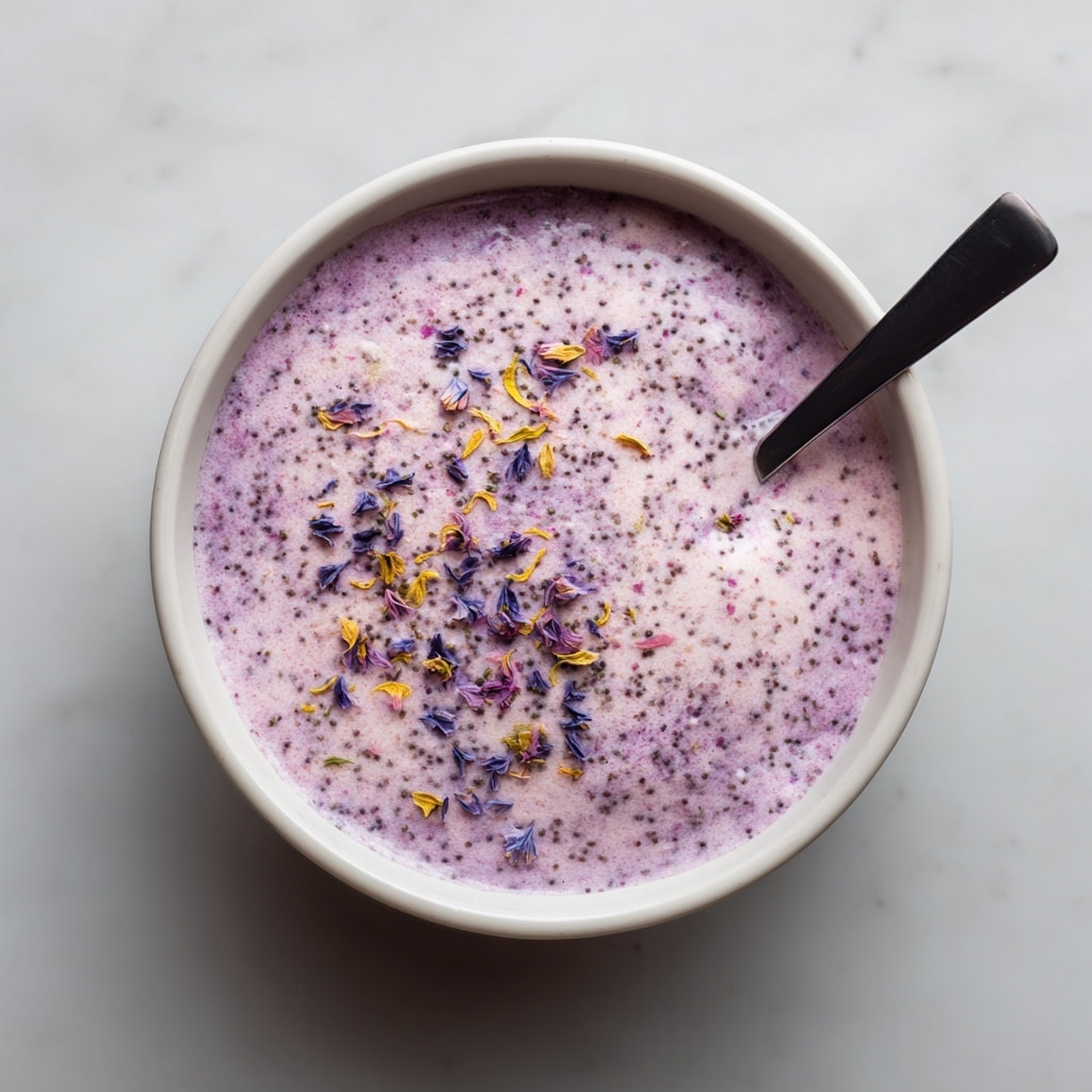 The image shows a white bowl filled with a pale purple powder that has tiny specks of dark purple and bits of yellow scattered evenly throughout. A small black spoon is partially buried on the right side of the powder. The bowl is placed on a white marbled surface. The texture of the powder looks soft and fine, with the colorful specks adding a subtle contrast. photo taken with an iphone --ar 4:5 --v 7