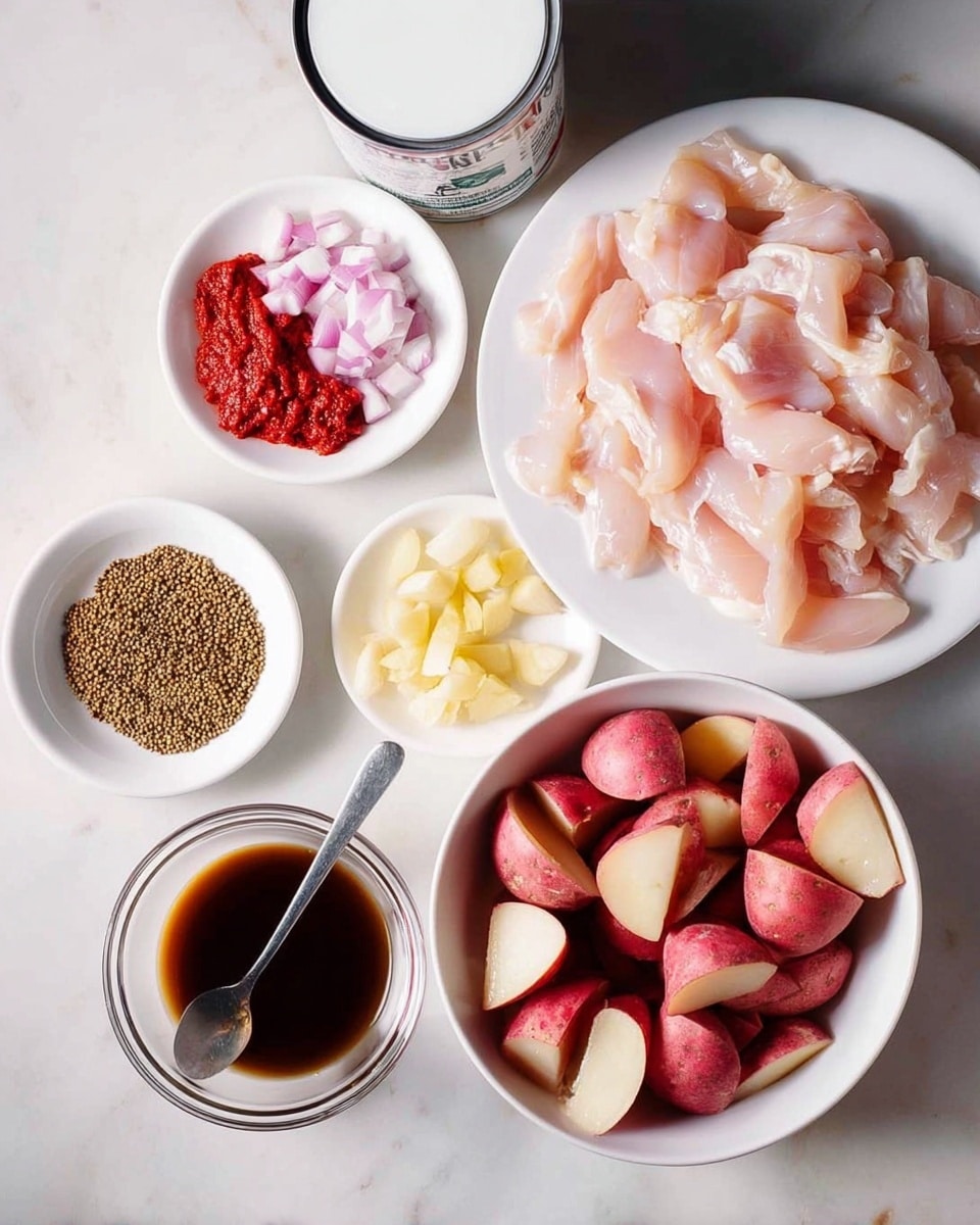 A white bowl full of red-skinned potato pieces sits at the bottom center on a white marbled surface. To the right above the bowl, there is a white plate filled with many slices of raw light pink chicken arranged loosely. Above that plate, a can with white coconut milk is opened and placed. To the left, a white plate holds three groups of small ingredients: pale ginger pieces, thick red paste dollops, and thin light purple slices of shallots all spaced out. Above that plate, a small white bowl contains brown spices and seeds, including round coriander seeds and long cumin seeds. Below those dishes, a small clear jar filled with dark brown liquid has a spoon in it. The photo taken with an iphone --ar 4:5 --v 7