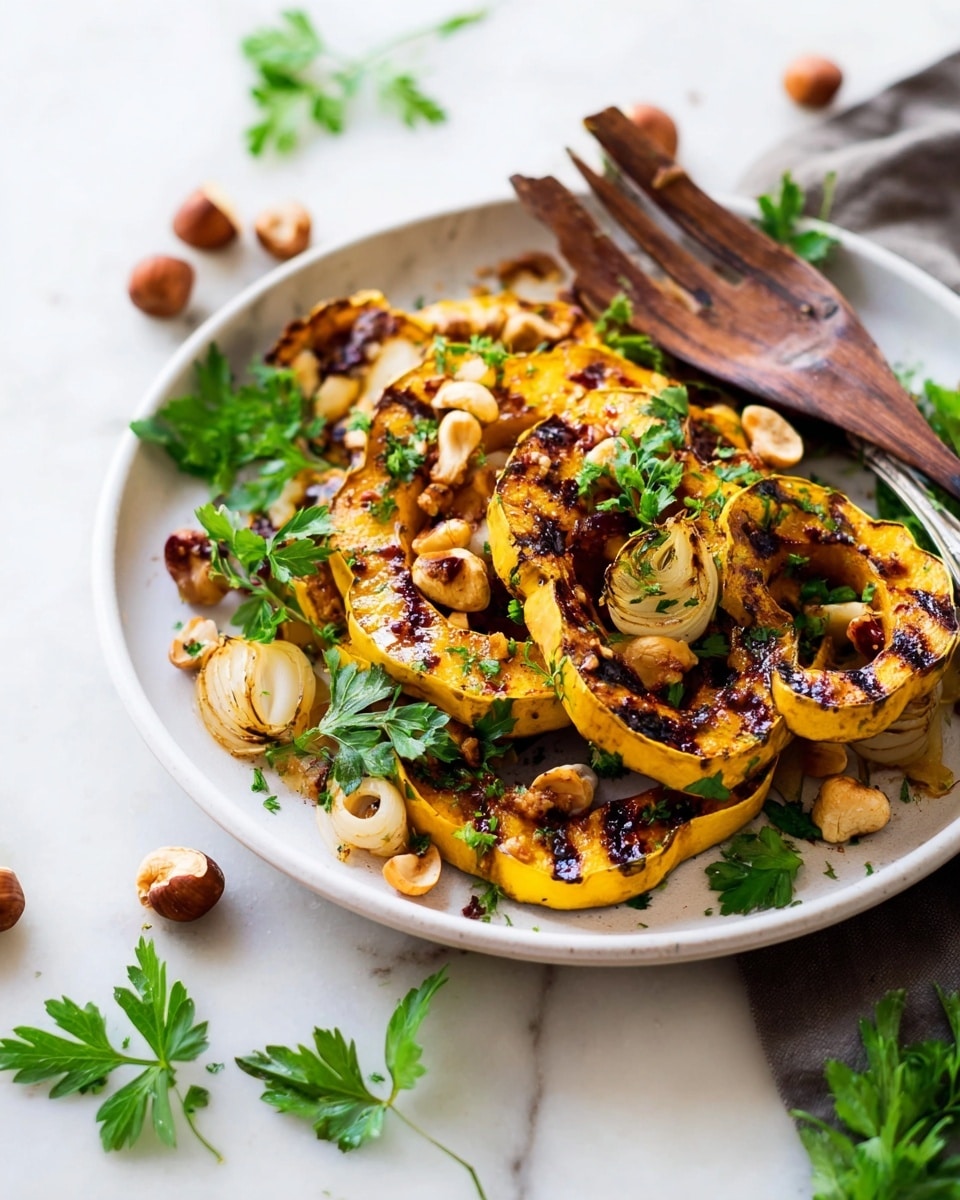 A white round plate holds several grilled slices of orange-yellow squash with dark grill marks, layered with pieces of soft, slightly charred white onion segments. Scattered on top and around the squash are light brown toasted hazelnuts and bright green fresh parsley leaves adding pops of color. In the background, a rustic wooden spoon and fork rest on the edge of the plate. The plate sits on a white marbled surface with more hazelnuts and parsley leaves loosely spread nearby, creating a natural and fresh look. photo taken with an iphone --ar 4:5 --v 7