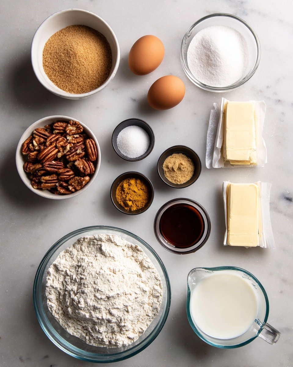 This image shows baking ingredients neatly arranged on a white marbled surface. At the bottom, there is a large glass bowl filled with white flour. Above it, to the left, is a white bowl filled with light brown sugar, and next to it on the right is a small glass bowl with white granulated sugar. Above the sugar, there are two brown eggs in a small clear glass bowl. To the right of the eggs, two small black bowls hold a yellow spice and a light beige powder, respectively. Next to those bowls, two sticks of butter wrapped in paper sit side by side. Below the sugar bowls, there is a small clear glass bowl with dark liquid, possibly syrup or vanilla, and at the bottom right corner, a clear measuring cup holds milk. At the top left, a white bowl contains pecan halves. All items are spaced out and cleanly presented. Photo taken with an iphone --ar 4:5 --v 7