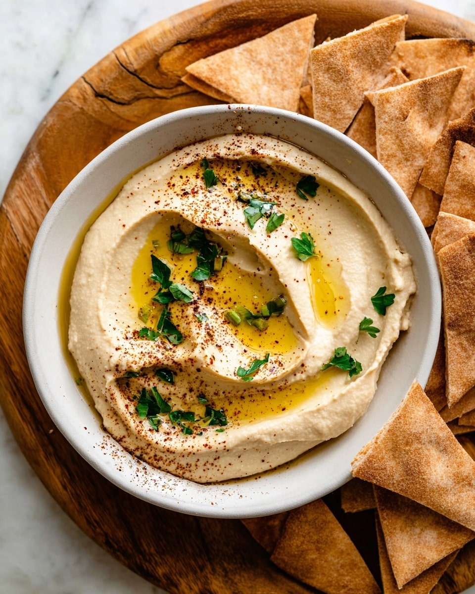 A close-up of a white bowl filled with smooth, creamy beige hummus that is swirled in a circular pattern. On top of the hummus, there is a drizzle of golden olive oil forming a shiny pool near the center. Small green parsley leaves and a light sprinkle of dark ground spice are scattered over the hummus for decoration. A woman's hand is dipping a triangular piece of warm, golden-brown pita bread with a slightly rough texture into the hummus. Around the bowl, there are more triangular pita pieces placed on a white marbled surface. photo taken with an iphone --ar 4:5 --v 7