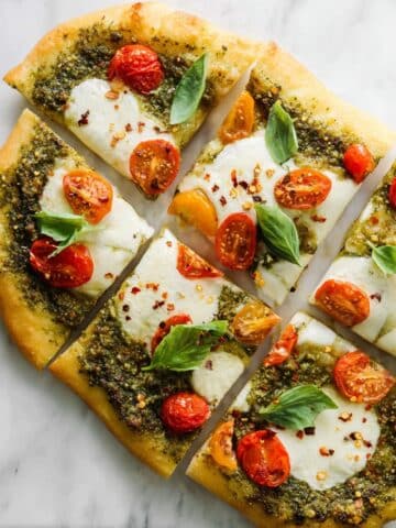 Pesto Pizza with Fresh Mozzarella and Cherry Tomatoes Recipe
