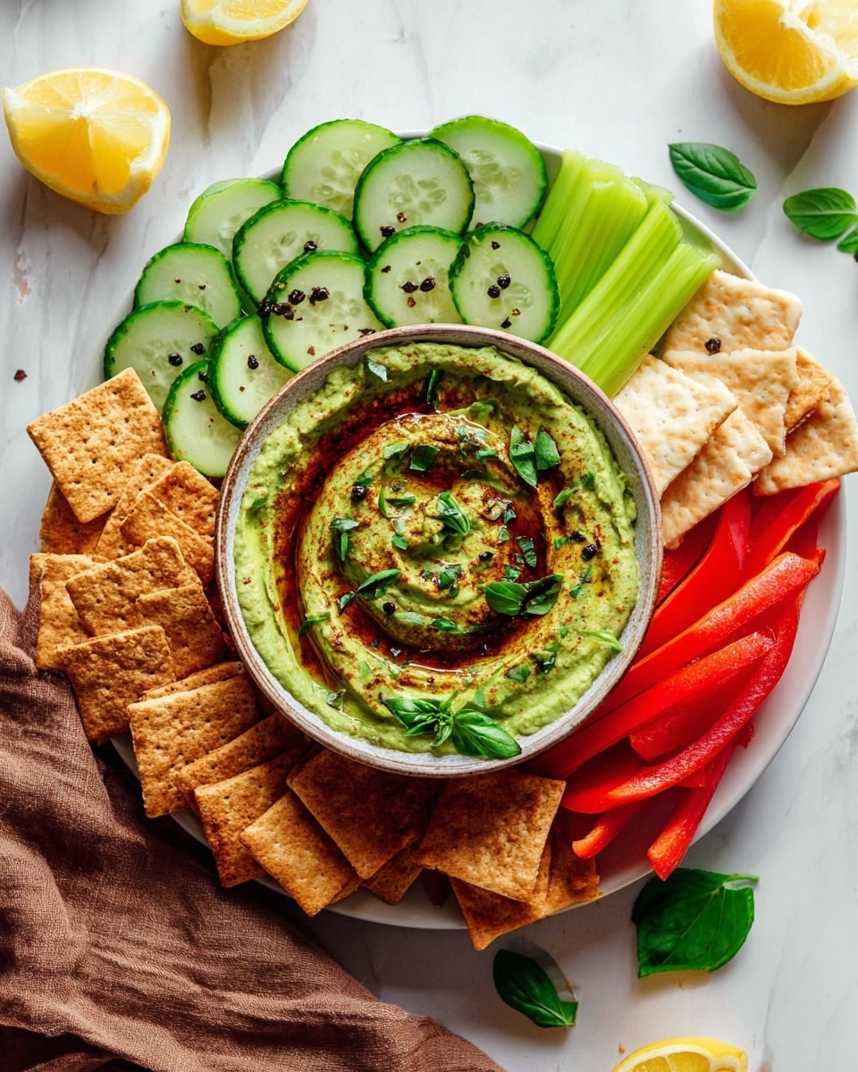 A white plate with a bowl of green hummus in the center, swirled with reddish-brown chili oil and topped with small green herbs, likely parsley and basil. Around the bowl, there are several layers starting from the left: a neat pile of round cucumber slices with dark green skin and dotted with black pepper grains; next to that, square golden-brown crackers stacked in two overlapping layers. On the top right, bright green celery sticks are arranged in a fan shape. Below the celery, triangular pieces of baked pita chips in light beige color are stacked. At the bottom, long red bell pepper sticks are placed in a layered way. The plate is on a white marbled surface with lemon wedges and green leaves scattered around, and a soft brown towel partially visible on the lower left. Photo taken with an iphone --ar 4:5 --v 7