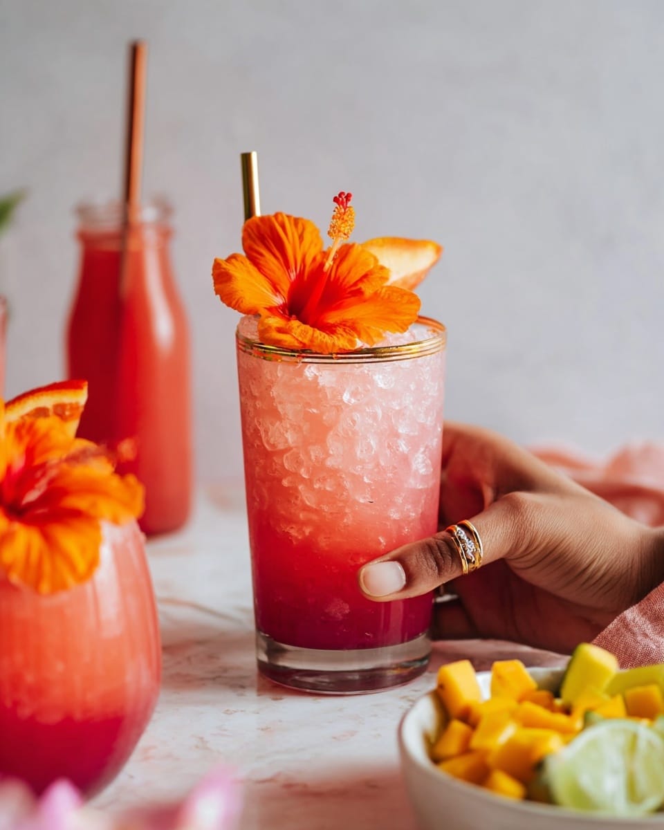 The image shows a pink drink in a clear glass with a gold rim, filled with crushed ice. The glass has a red layer at the bottom that fades into a lighter pink towards the top. On the rim of the glass is a slice of orange and a bright orange hibiscus flower placed on the ice. A woman's hand with a ring is holding the glass from the right side. In the foreground, there are pieces of lime and yellow fruit on a white bowl, and another glass with a similar pink drink with an orange flower and slice on the rim is partially visible. The surface is a white marbled texture with some drops of liquid visible. In the background, a tall glass jar with a bronze straw and red liquid is slightly out of focus. Photo taken with an iphone --ar 4:5 --v 7