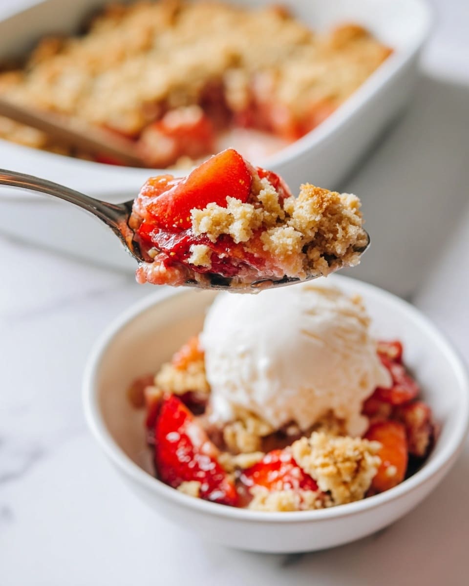 The image shows a close-up of a spoon holding a bite of a dessert with two main layers: the bottom layer is soft and crumbly with a light brown color and the top layer consists of bright red chunks of fruit with a slightly glossy texture. The spoon is held over a white bowl filled with a mix of the same crumbly dessert base and fruit pieces, topped with a scoop of creamy white ice cream. In the background, a white ceramic casserole dish contains the remaining dessert with the same crumbly and fruit layers. The scene is set on a white marbled surface. photo taken with an iphone --ar 4:5 --v 7