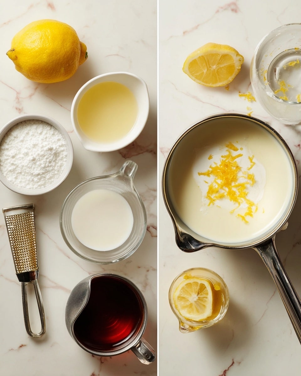 The image shows two parts: on the left, ingredients arranged on a white marbled surface including a whole yellow lemon, a zester, a small white bowl with a light yellow liquid, a metal measuring cup filled with white granulated sugar, a white dish with dark brown liquid, a glass measuring cup filled with cream, and two squeezed lemon halves. On the right side, a metal saucepan holds cream topped with a pile of white granulated sugar and yellow lemon zest, with a lemon half and a glass measuring cup visible nearby on the white marbled surface. Photo taken with an iphone --ar 4:5 --v 7