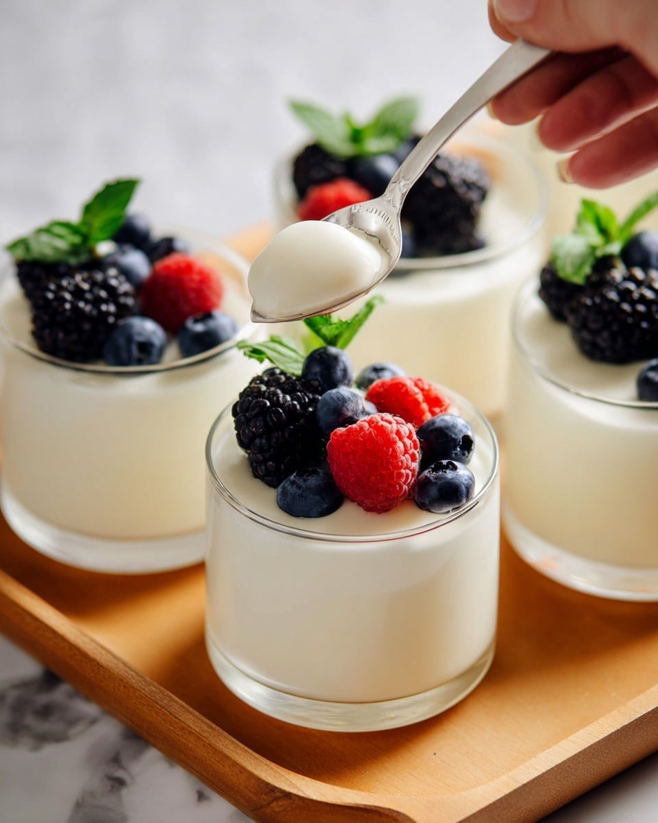 Four clear glass cups filled with two layers; the bottom layer is creamy white and smooth, topped by a thicker white cream layer. Each cup is decorated with fresh berries on top: blackberries, raspberries, and blueberries, with a small bright green mint leaf beside the berries. The cups are placed on a light wood tray. A woman's hand holds a small spoon with a white handle, scooping into one cup, showing the cream's soft texture. The background surface is a white marbled texture. photo taken with an iphone --ar 4:5 --v 7