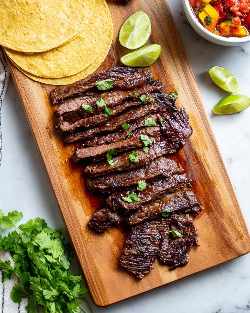 A close-up image of sliced cooked beef on a wooden cutting board with a few sprinkles of fresh green herbs on top. The meat has a dark brown grilled surface with a juicy, tender inside that is slightly pink and shredded in some parts. A silver fork rests beside the sliced pieces, with the beef neatly arranged in front, showing a mix of thick and thin cuts. The background includes a hint of green lettuce and a blurred white bowl with colorful food. The surface under the board is a white marble texture photo taken with an iphone --ar 4:5 --v 7