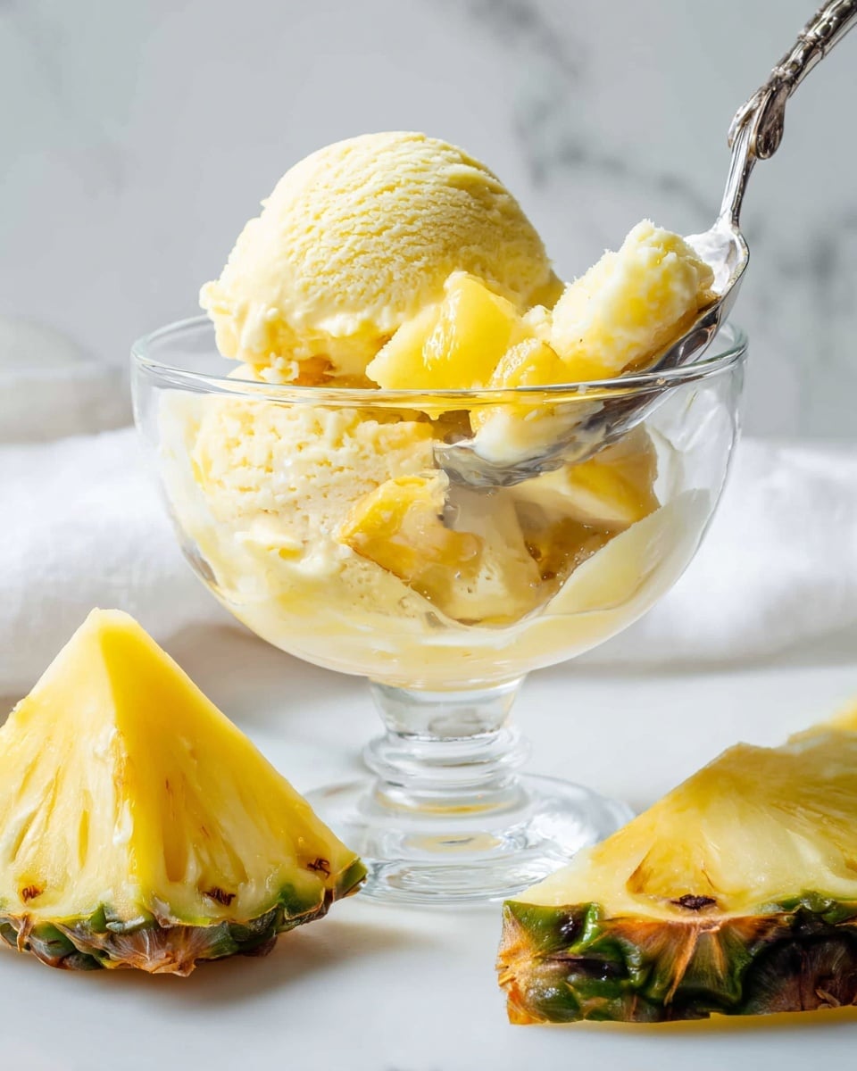 A clear glass dessert cup with a short pedestal holds two scoops of pale yellow pineapple ice cream at the top, with a visible texture that looks soft and creamy. Nestled inside the cup beneath the ice cream are a few chunks of golden yellow pineapple with slightly browned edges. A silver spoon is pushed into the ice cream from the right side, angled slightly upward. Next to the cup on the white marbled surface are two wedges of fresh pineapple, showing a bright yellow interior and rough brown-green rind. The soft light highlights the creamy texture of the ice cream and juicy look of the fruit, all set against a soft white marbled background. photo taken with an iphone --ar 4:5 --v 7