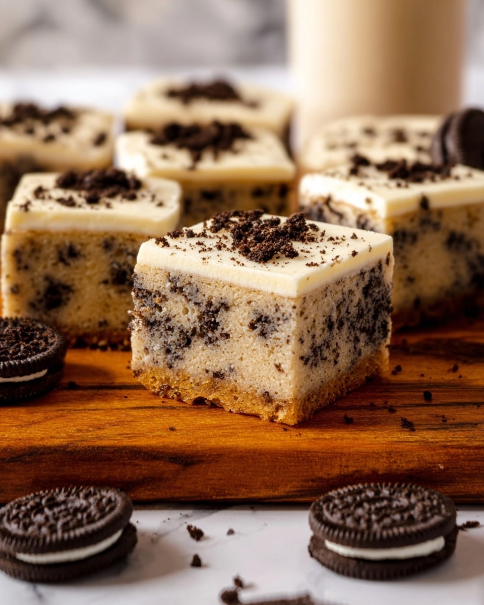 The image shows several square pieces of a cake with two main layers. The bottom layer is thick and light beige with dark brown cookie bits mixed inside, giving it a speckled look. The top layer is creamy white frosting, smooth and slightly glossy, sprinkled with small dark cookie crumbs. These squares sit on a wooden board with a warm brown color and visible grain patterns. Around the board, whole dark brown sandwich cookies with white filling are scattered for decoration. The background is a white marbled surface. photo taken with an iphone --ar 4:5 --v 7