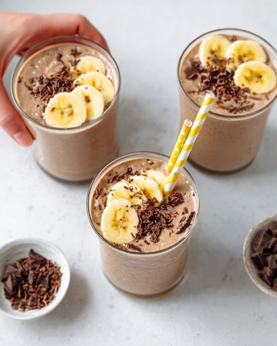 The image shows three clear glasses filled with a creamy light brown smoothie. Each glass is topped with thin slices of banana, dark chocolate shavings, and a sprinkle of tiny brown flakes. One glass has a yellow and white striped straw placed inside it. The glasses are placed on a white marbled surface with a small white bowl filled with dark chocolate pieces nearby. A woman's hand is seen holding the top edge of one glass. The scene is bright and clean. photo taken with an iphone --ar 4:5 --v 7