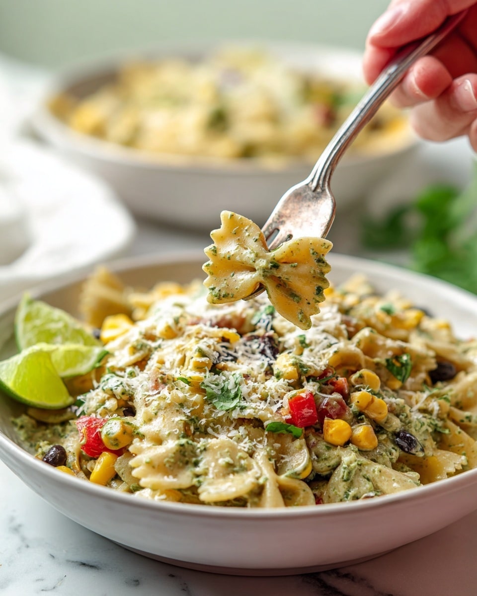 A close-up view of a white bowl filled with creamy pasta salad, made with farfalle pasta mixed with yellow corn, chopped green herbs, small red pieces of bell pepper, and black beans, all coated in a light greenish creamy dressing, sprinkled with grated cheese; a woman's hand holding a fork lifts some of the pasta, showing green herbs and creamy texture on the fork; a wedge of lime and a small green herb garnish sit on the side of the bowl, all placed on a white marbled surface with a blurred white bowl of pasta salad in the background, photo taken with an iphone --ar 4:5 --v 7