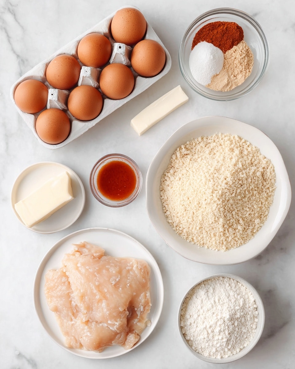 The image shows several ingredients arranged on a white marbled surface. In the top left corner, there is a white egg tray holding six brown eggs. To the right of the eggs, a small clear bowl contains three different powders: one light tan, one white, and one reddish-brown, all neatly separated. Below the eggs, there is a stick of white butter placed diagonally. Next to the butter on the right, a large white bowl is filled with coarse, light beige crumbs. Below the crumbs, a white plate holds a flattened, raw pale pink chicken piece with some uneven edges. To the left of the plate, a small white bowl contains white flour. In the bottom left corner, a small clear bowl holds a reddish-brown liquid with a smooth surface. All the items are neatly arranged and the photo taken with an iphone --ar 4:5 --v 7