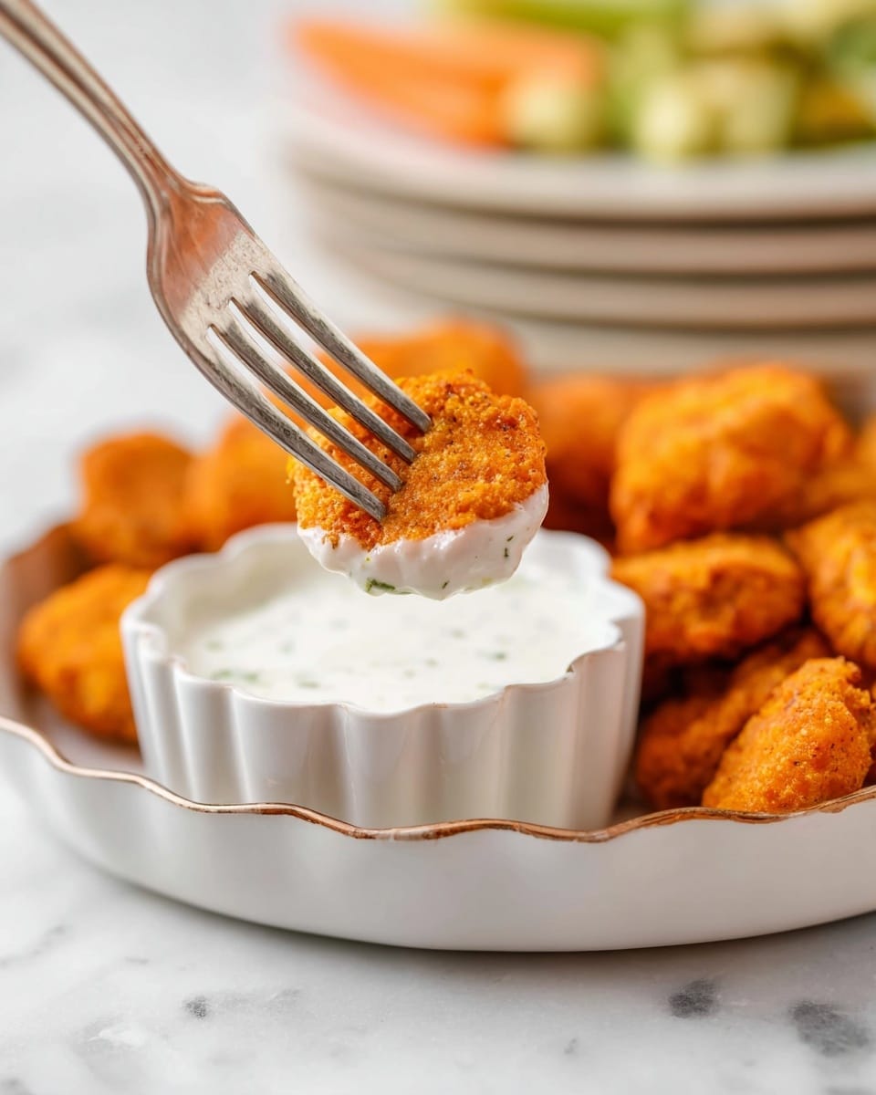A close-up image shows a silver fork holding a small, round, orange-brown fried piece of food being dipped into a white dipping sauce in a small white ceramic bowl with a wavy edge. The bowl sits on a white tray filled with many similar fried pieces in the background. Further back, stacks of white plates with some green and orange vegetables on top are visible. The entire scene is set on a white marbled surface. photo taken with an iphone --ar 4:5 --v 7