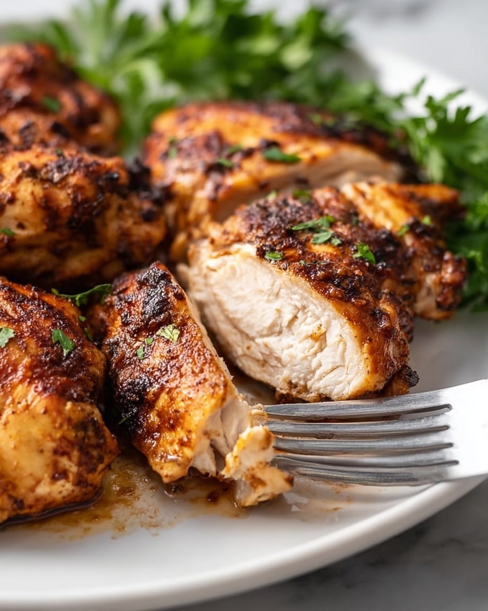 The image shows a close-up of a white plate filled with pieces of cooked chicken that have a crispy, brown, and slightly charred skin sprinkled with small green herbs. One piece of chicken is held by a silver fork, revealing the tender, juicy white meat inside. The plate sits on a white marbled surface, and some fresh green parsley is placed beside the plate, adding a touch of fresh color. The lighting highlights the texture and golden color of the cooked chicken skin. photo taken with an iphone --ar 4:5 --v 7