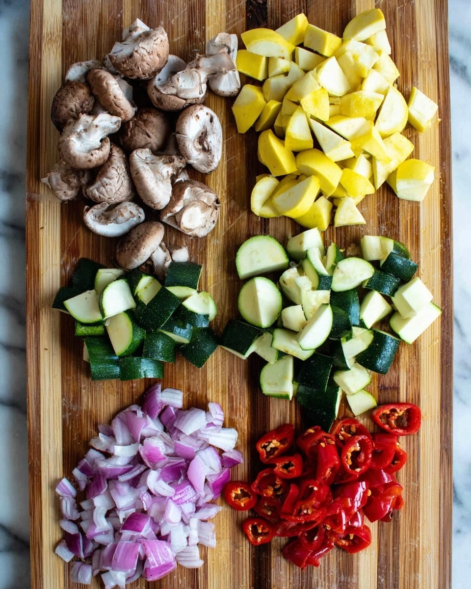 The image shows five groups of chopped vegetables arranged on a wooden cutting board with a striped pattern. The top left group has quartered brown mushrooms with visible white insides and gills. To the right of the mushrooms, there is a pile of sliced yellow squash cut into small wedges. Below the mushrooms, green zucchini pieces are cut into chunks with dark green skin and light green inner flesh. To the right of the zucchini, a cluster of whole small red chili peppers is shown, their shiny skin bright and smooth. At the bottom left, chopped red onions are displayed in irregular small chunks with purple and white layers visible. The background surface is a white marbled texture. photo taken with an iphone --ar 4:5 --v 7