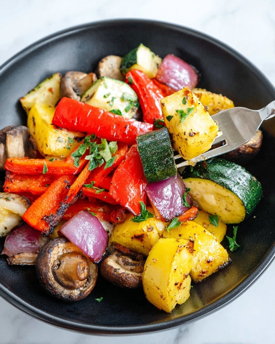 A black bowl filled with a mix of grilled vegetables showing about four layers: shiny red bell pepper strips, golden yellow squash chunks, green zucchini pieces, purple onion wedges, and brown mushroom caps. Some small green parsley leaves are scattered on top, adding a fresh touch. A fork pierces a piece of yellow squash on the right side. The bowl is placed on a white marbled surface. Photo taken with an iphone --ar 4:5 --v 7