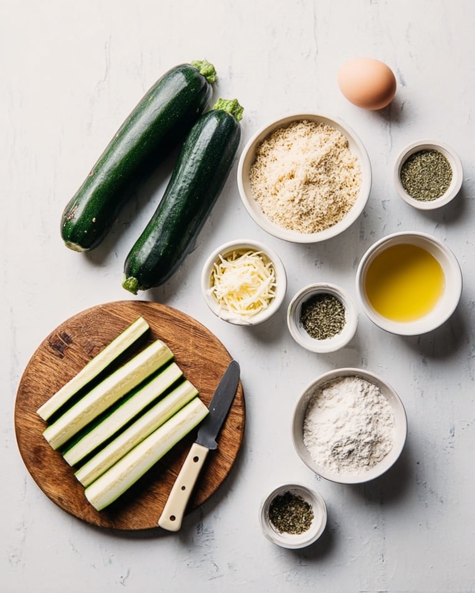 A flat lay of cooking ingredients arranged neatly on a white marbled surface, including two whole dark green zucchinis and several zucchini strips with pale green and white flesh on a round wooden cutting board with a small knife featuring a cream handle, surrounded by small white bowls holding light brown breadcrumbs, shredded white cheese, a golden yellow liquid, a cracked egg, white flour, black pepper, dried green herbs, and white salt, with the egg placed separately near the center photo taken with an iphone --ar 4:5 --v 7