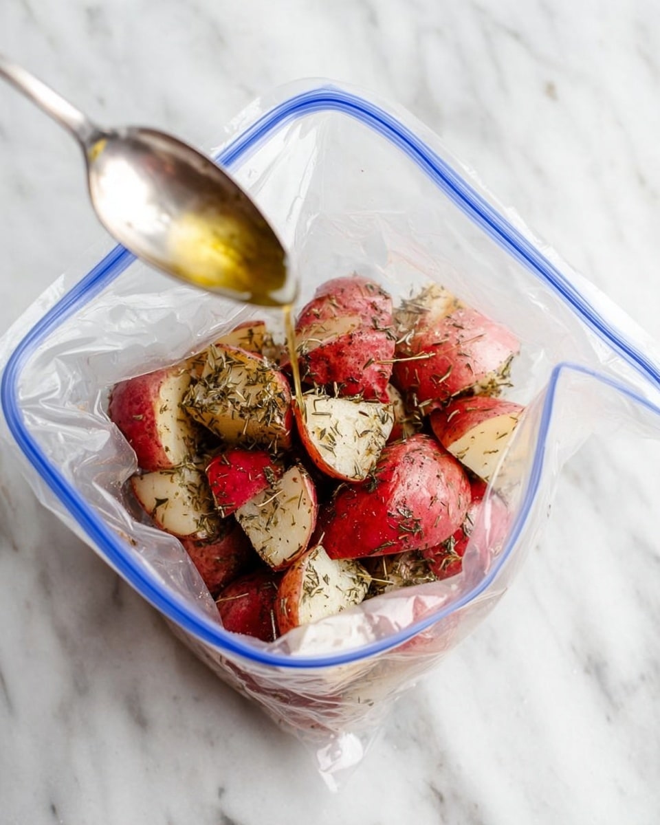 Inside a clear plastic zip-lock bag, several pieces of red-skinned potatoes are visible, cut into medium chunks. The potatoes are topped with scattered dried green herbs. A shiny stream of golden oil is being poured over the potatoes from a silver spoon on the left side of the image. The bag rests on a white marbled surface that adds a clean, bright background to the scene. photo taken with an iphone --ar 4:5 --v 7