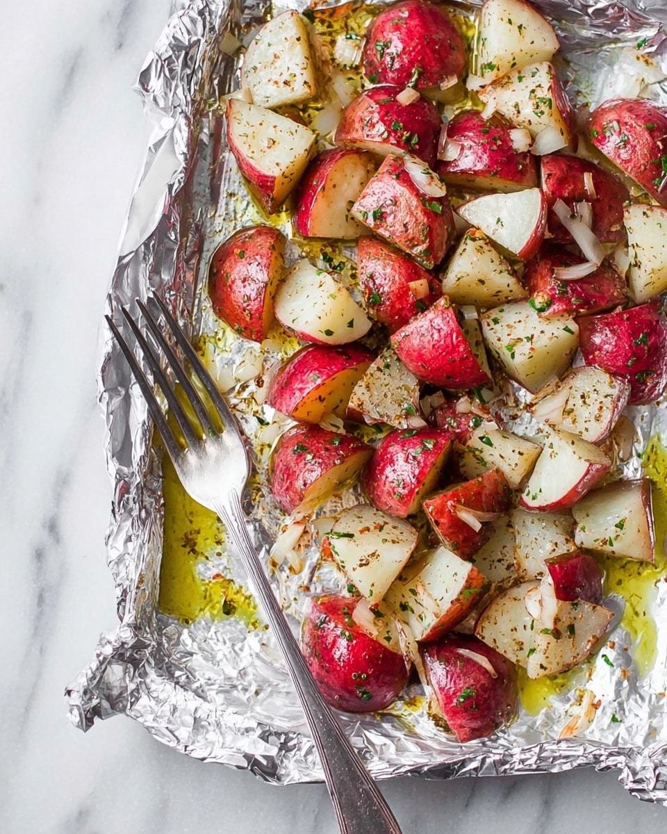 A white foil-lined tray filled with chopped red-skinned potatoes, each piece showing a mix of red skin and soft white inside, lightly sprinkled with green herbs and small bits of cooked onion. The potatoes are drizzled with a thin layer of golden oil that shines under bright light. A silver fork rests at the bottom right corner of the frame on a white marbled surface, adding a rustic touch to the scene. photo taken with an iphone --ar 4:5 --v 7