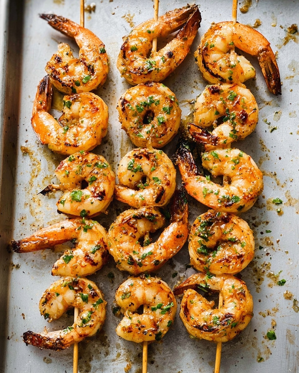 The image shows four wooden skewers of grilled shrimp placed vertically on a light gray metal tray with some char marks and small scattered herbs. Each skewer holds about six large shrimp that are cooked to a light orange with dark grill marks, curled and garnished with chopped green herbs. The shrimp's tails are still attached, adding a darker orange color to the skewers. The texture of the shrimp looks slightly shiny with seasoning visible on the surface, and small bits of green herbs are sprinkled over them and the tray. photo taken with an iphone --ar 4:5 --v 7