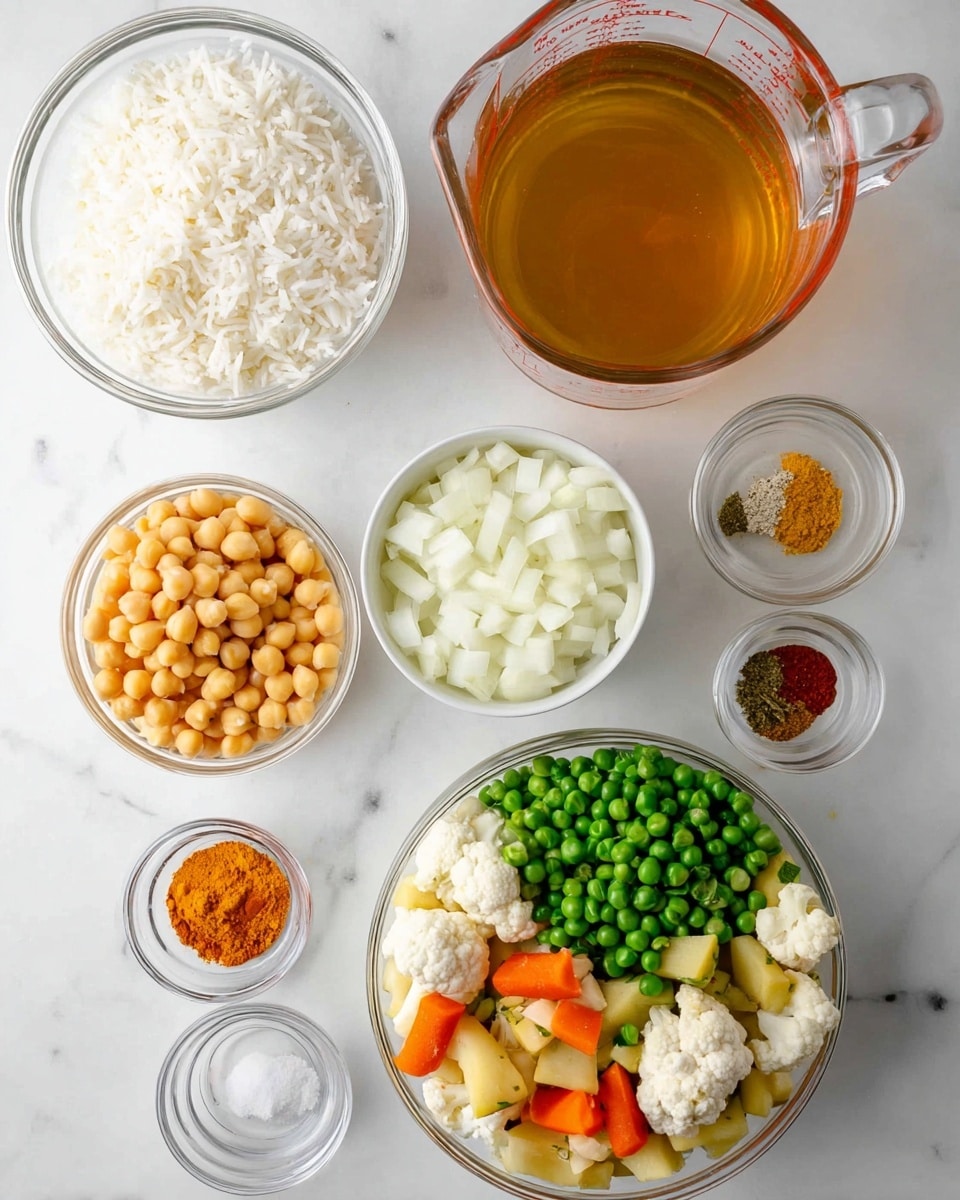 The image shows seven clear and white bowls and a glass measuring cup arranged on a white marbled surface, each containing different cooking ingredients. At the top left, there is a clear glass bowl filled with white cooked rice. To the right, a large glass measuring cup holds a golden brown liquid broth. Below the rice, a white bowl contains light yellow chickpeas. Next to it, a small clear bowl holds minced ginger and garlic. Below that, another small clear bowl shows a mix of ground spices, including orange turmeric, red chili powder, white salt, and black pepper. Next to the spice bowl, a larger clear bowl is filled with sliced white onions. At the bottom center, a large clear bowl contains mixed vegetables including green peas, chopped carrots, cauliflower, diced potatoes, and sliced green beans. The colors are fresh and vibrant, with layers of various textures and shapes. Photo taken with an iphone --ar 4:5 --v 7