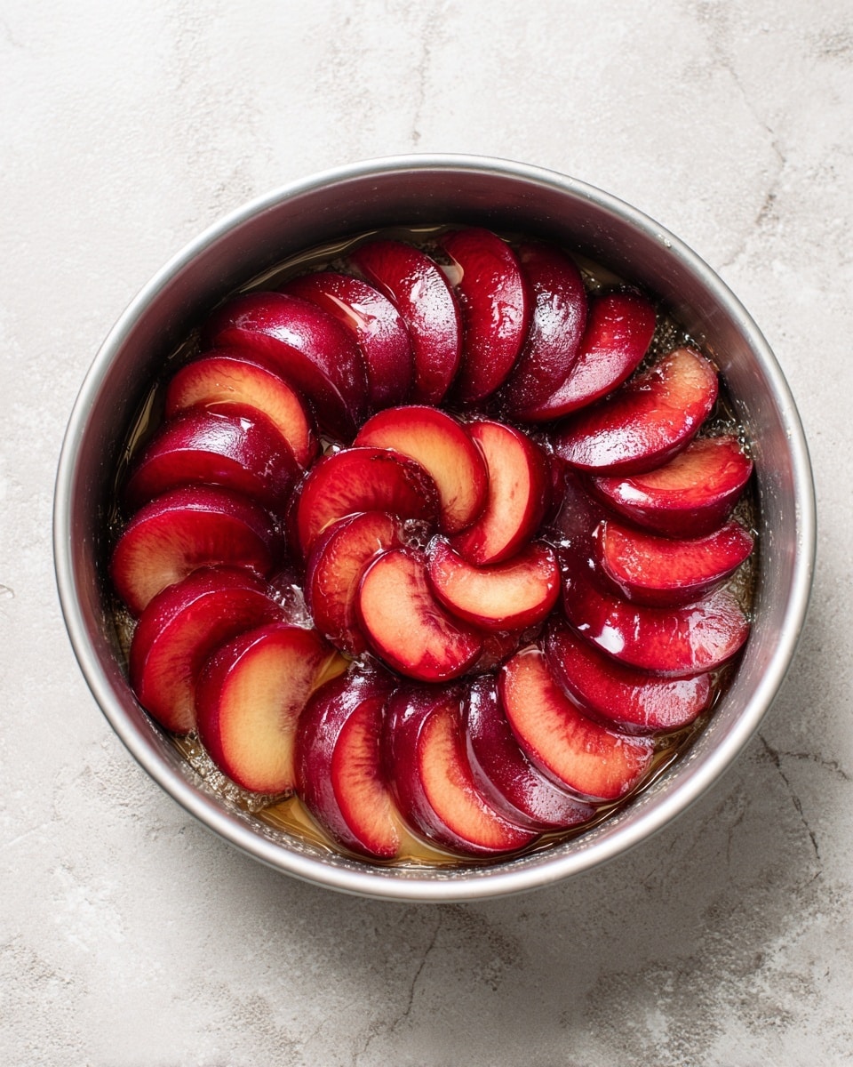 Inside a round metal baking pan, there are two layers of sliced red plums arranged neatly. The bottom layer forms a circular base with the plum slices placed edge to edge, showing a mix of deep red skin and lighter red flesh. On top, the second layer features smaller plum slices arranged in a spiral shape, slightly overlapping each other. The plums have a shiny, juicy look with a small amount of syrup or glaze seen at the base. The pan is sitting on a surface with a white marbled texture. photo taken with an iphone --ar 4:5 --v 7