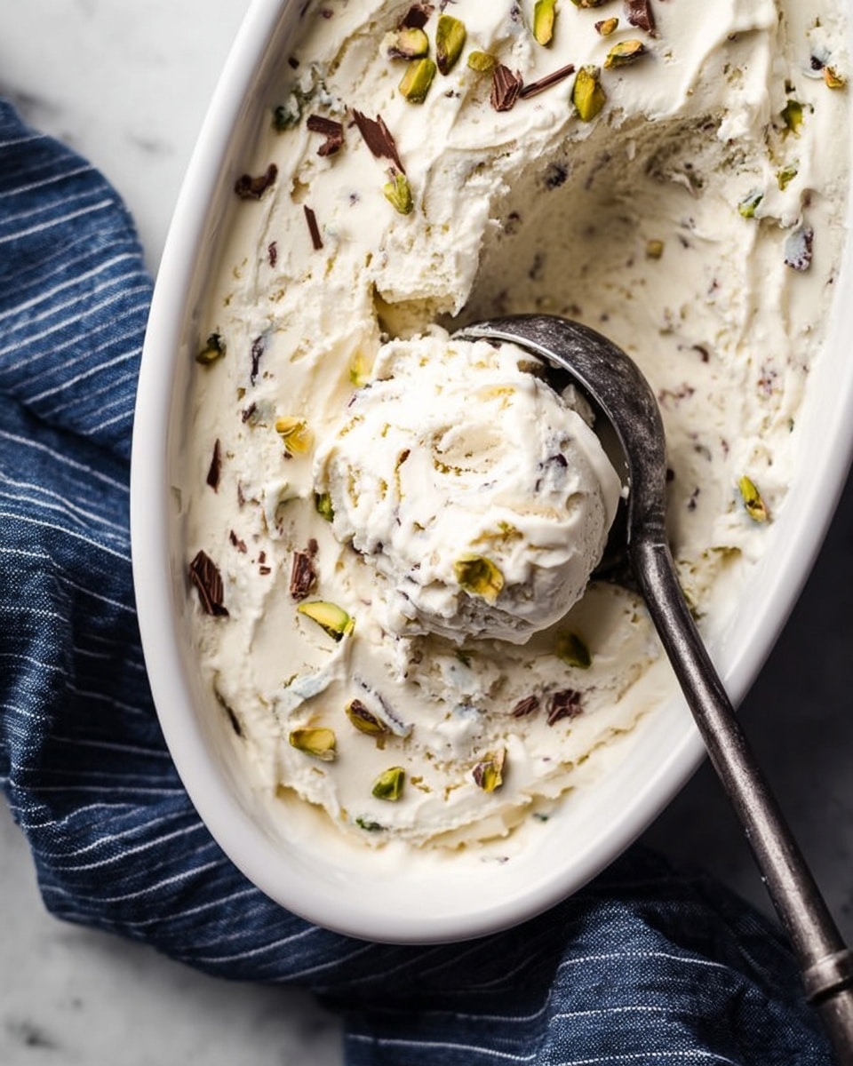 The image shows a white oval dish filled with creamy ice cream mixed with small bits of green pistachios and brown chocolate shavings. The ice cream surface is soft and slightly swirled with the scoop already taken out and held by a dark metal ice cream scoop, displaying the creamy texture and mix-ins clearly. The dish rests on a white marbled surface with a dark blue cloth with thin white stripes beside it. photo taken with an iphone --ar 4:5 --v 7
